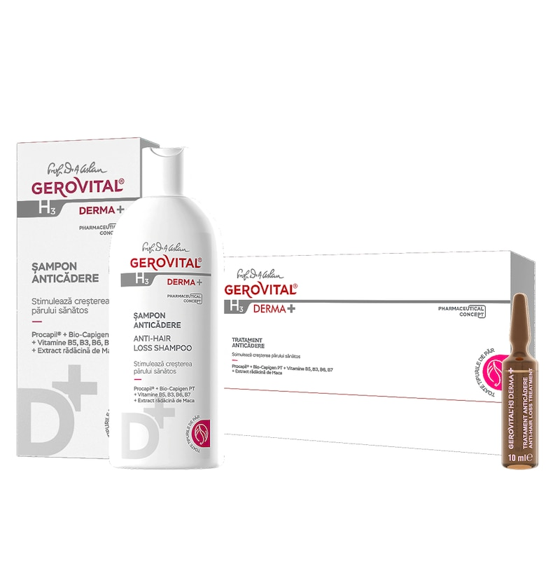 Комплект  H3 Derma+: Терапия против косопад 12 ампули x 10 мл + Шампоан против косопад 200 мл Gerovital