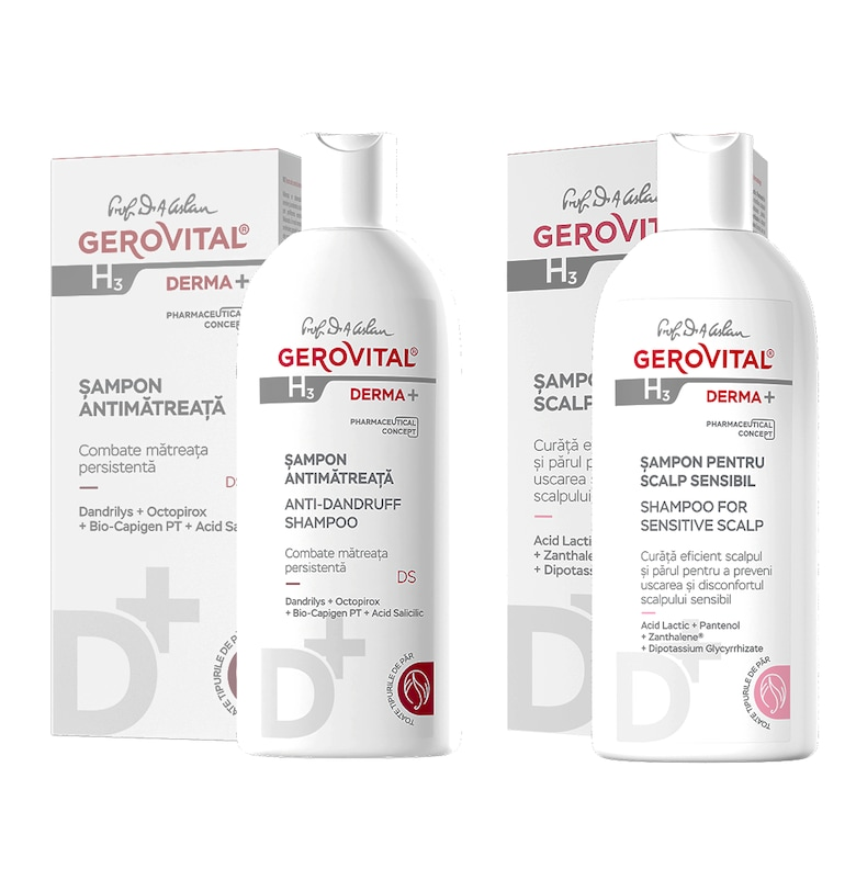 Комплект  H3 Derma+: Шампоан против пърхот 200 мл + Шампоан за чувствителен скалп 200 мл Gerovital