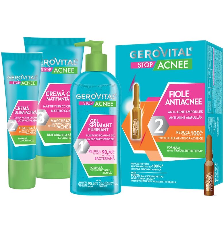 Комплект  Stop Acne: Ампули против акне - 10 ампули х 2 мл + Почистващ пенлив гел - 150 мл + Ултраактивен крем - 15 мл + Матиращ CC крем - 30 мл Gerovital