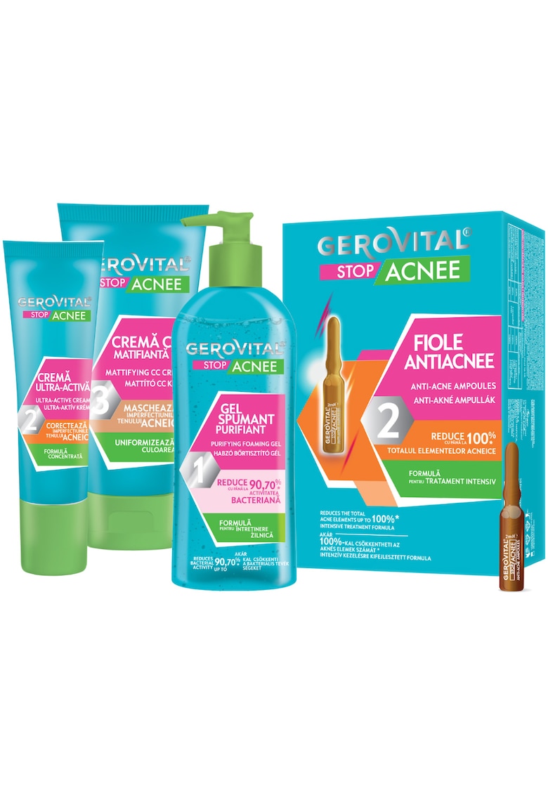 Комплект Stop Acne: Ампули против акне - 10 ампули х 2 мл + Почистващ пенлив гел - 150 мл + Ултраактивен крем - 15 мл + Матиращ CC крем - 30 мл Gerovital