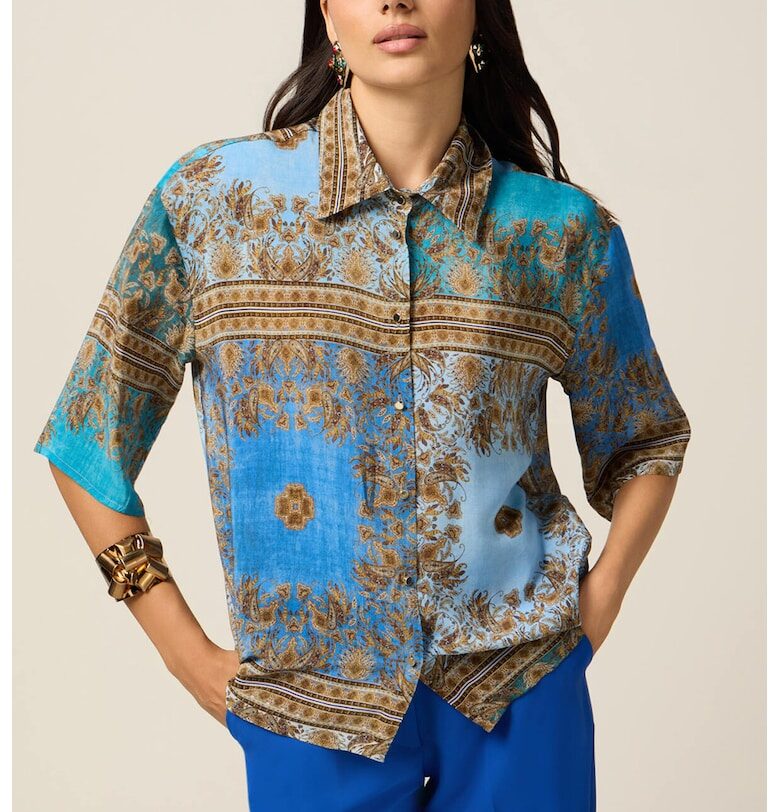 Свободна десенирана риза - Златист - Светлосин - Oltre