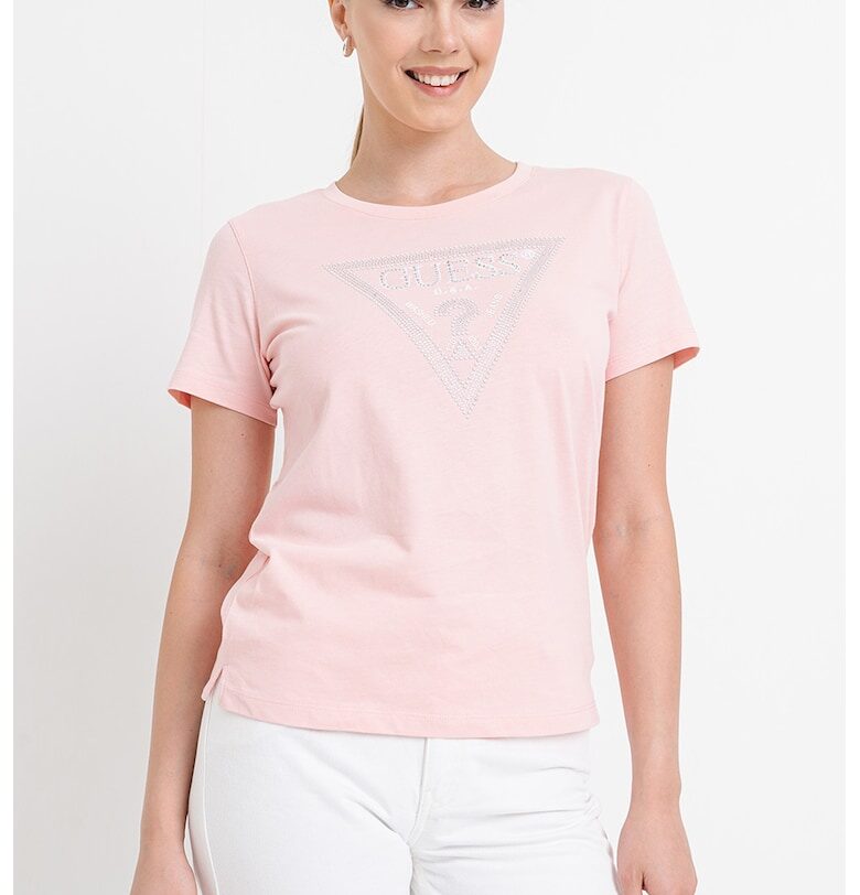 Тениска с декоративни камъни и лого GUESS