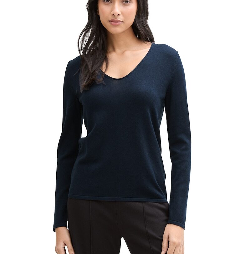 Фино плетен пуловер с шпиц деколте Tom Tailor