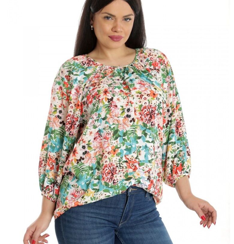 888141923-Дамска блуза - широка - многоцветна с мотив на цветя Eranthe