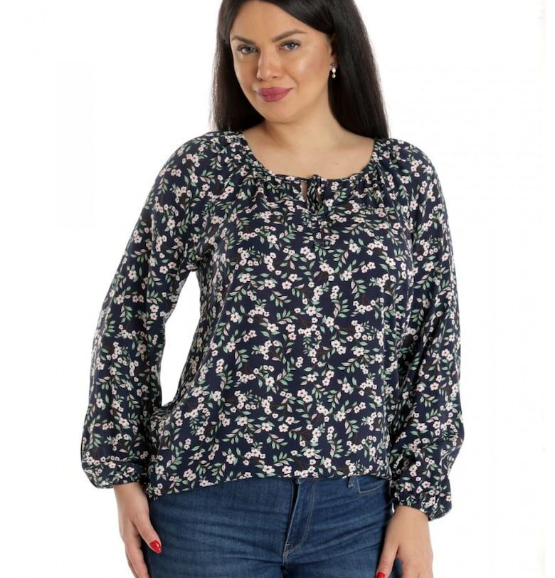 888141926-Дамска блуза тип IE - тъмносиня с щампа на цветя Eranthe