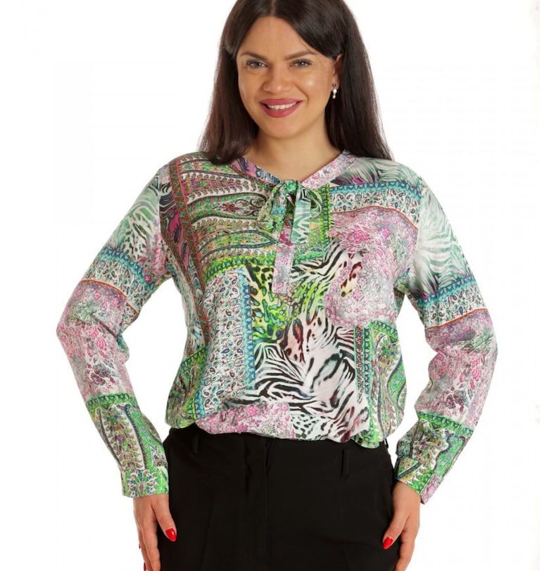 888141927-Дамска блуза - асиметрична - зелена с щампа и панделка Eranthe