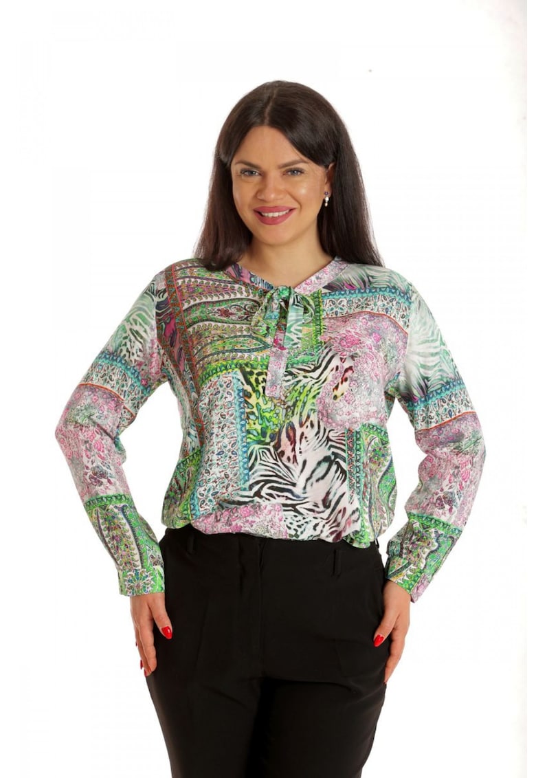 888141927-Дамска блуза - асиметрична - зелена с щампа и панделка Eranthe