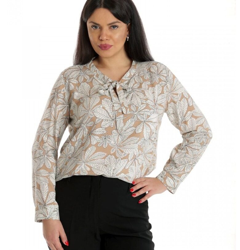 888141928-Дамска блуза - Асиметрична - Бежова с флорален принт и панделка Eranthe