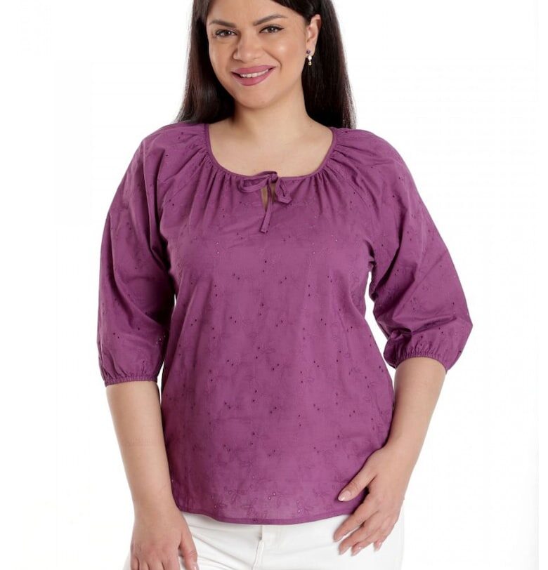 888142601-Дамска блуза - IE - Виолетова с ажурна бродерия Eranthe