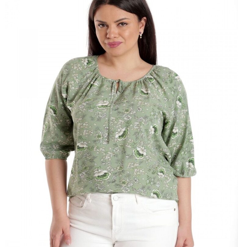 888142602-Bluza Dama - IE - Verde cu imprimeu floral si maneca 3 sferturi Eranthe
