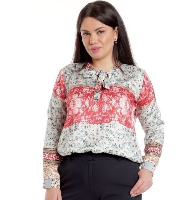 888142603-Дамска сатенена блуза с панделка - Сива с Червено и щампа Eranthe
