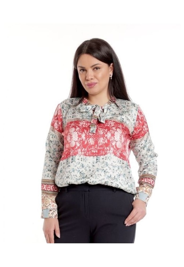 888142603-Дамска сатенена блуза с панделка - Сива с Червено и щампа Eranthe