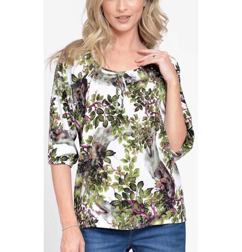 888143224-IE Дамска блуза с 3/4 ръкав - флорален модел - бяла със зелено Eranthe