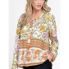 888143230-Дамска блуза с дълъг ръкав и панделка - Бежова с комбиниран принт Eranthe