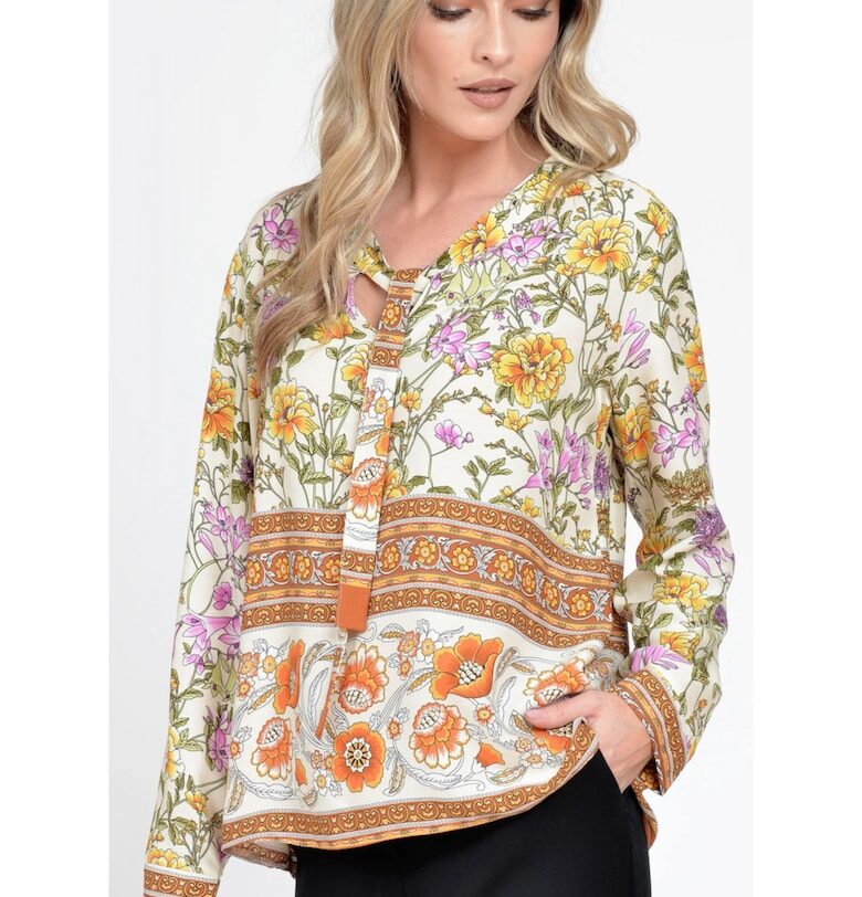 888143230-Дамска блуза с дълъг ръкав и панделка - Бежова с комбиниран принт Eranthe