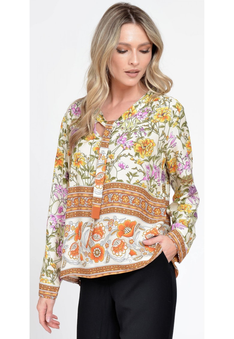 888143230-Дамска блуза с дълъг ръкав и панделка - Бежова с комбиниран принт Eranthe