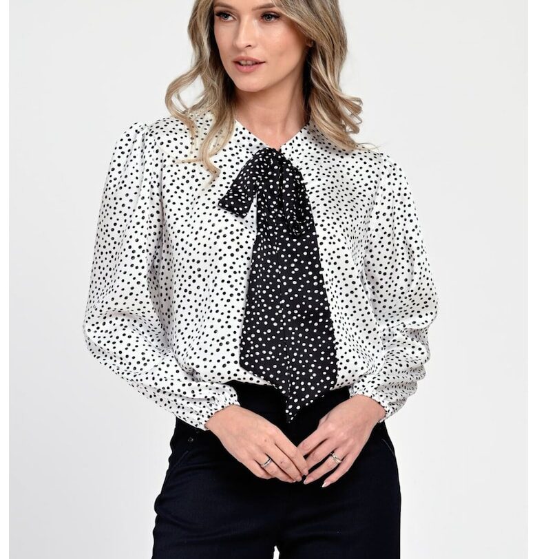 888146146-Bluza Dama din Satin - Alba cu puncte negre - Eleganta cu Funda V305 Eranthe