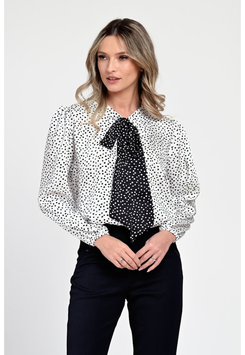 888146146-Bluza Dama din Satin - Alba cu puncte negre - Eleganta cu Funda V305 Eranthe
