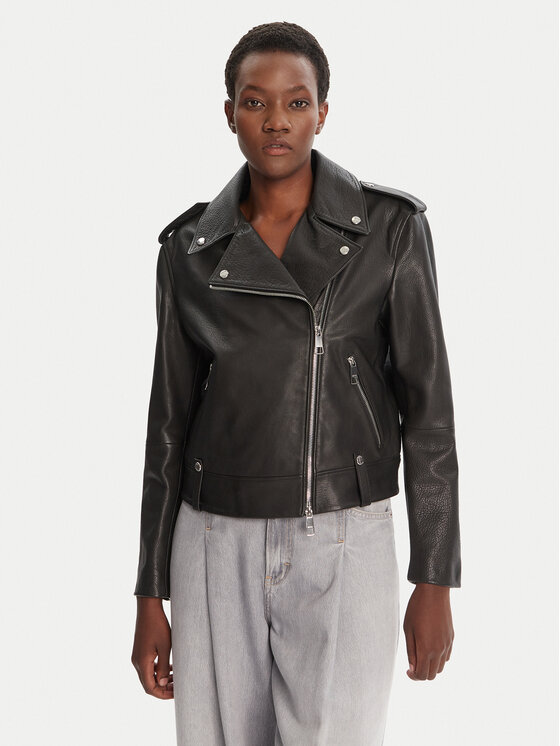 BOSS Кожено яке C_Sandy 50541769 Черен Regular Fit цвят на ниска цена