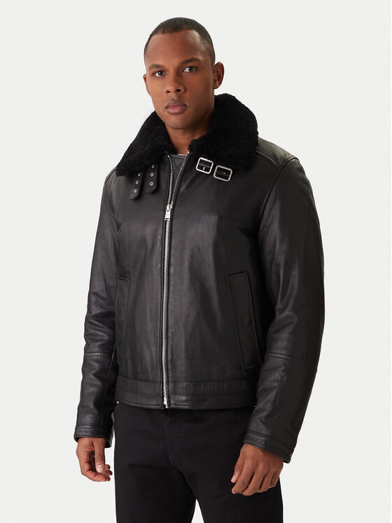 BOSS Кожено яке H-Mupablo 50540917 Черен Regular Fit цвят на ниска цена