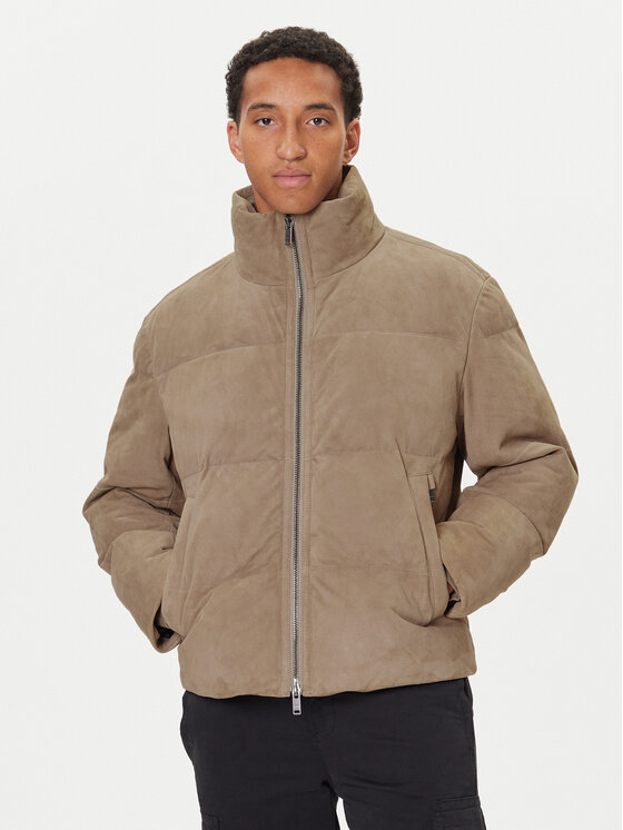 BOSS Кожено яке Jocamp 50547546 Бежов Relaxed Fit цвят на ниска цена