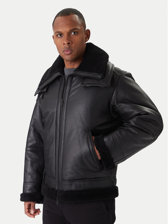 BOSS Кожено яке Joglaci 50547560 Черен Relaxed Fit цвят на ниска цена