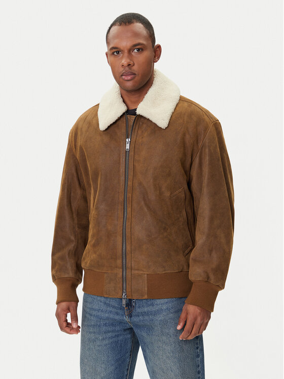 BOSS Кожено яке Jonier 50547567 Бежов Relaxed Fit цвят на ниска цена