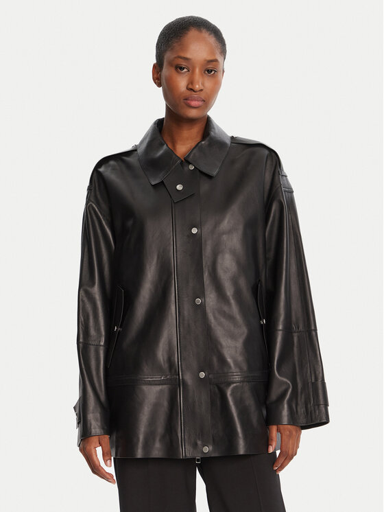 BOSS Кожено яке Salaha 50544445 Черен Relaxed Fit цвят на ниска цена