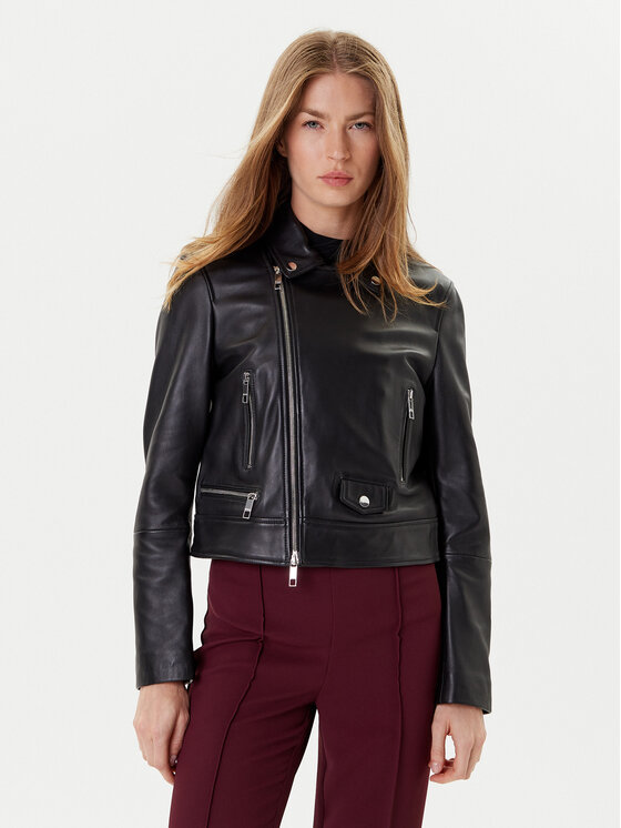 BOSS Кожено яке Sayuri 50548471 Черен Regular Fit цвят на ниска цена