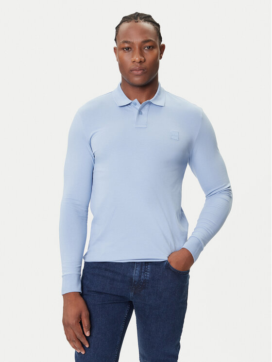 BOSS Тениска с яка и копчета Passerby 50507704 Светлосиньо Slim Fit цвят на ниска цена