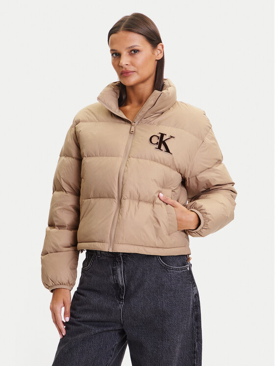 Calvin Klein Jeans Пухено яке Graphic Logo LV047D503G Бежов Regular Fit цвят на ниска цена