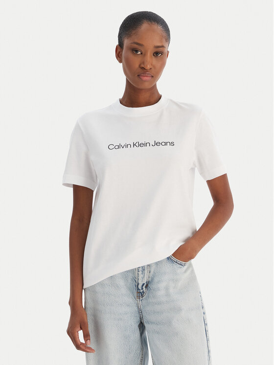 Calvin Klein Jeans Тишърт A- Inst. Logo Classic LV047C912G Бял Regular Fit цвят на ниска цена