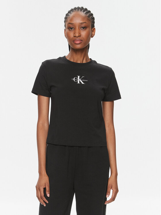 Calvin Klein Jeans Тишърт Monologo Baby Tee J20J223113 Черен Slim Fit цвят на ниска цена