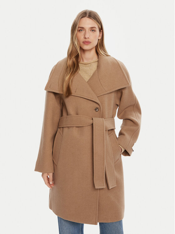 Calvin Klein Вълнено палто LV044D557G Бежов Regular Fit цвят на ниска цена