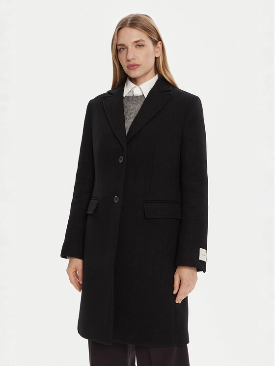 Calvin Klein Вълнено палто LV044D558G Черен Slim Fit цвят на ниска цена