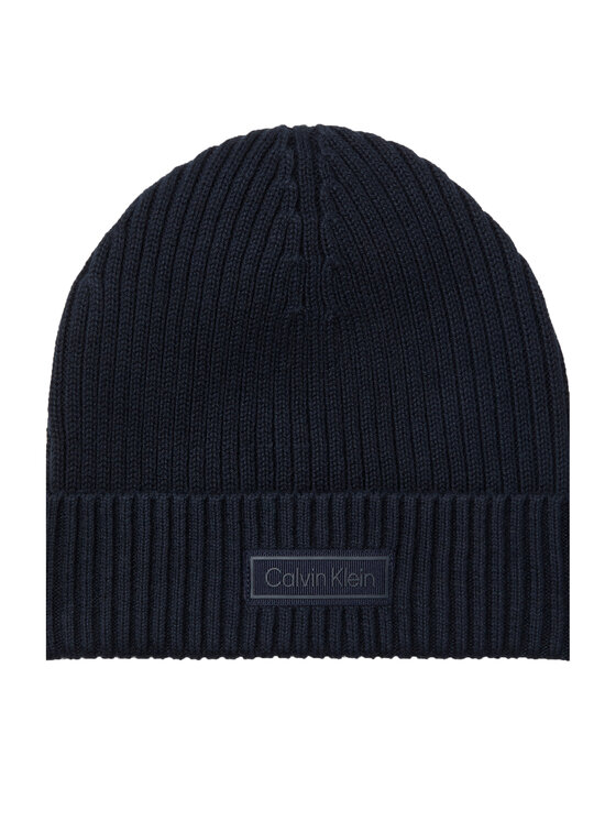 Calvin Klein Шапка Patch Chunky Rib Cotton Beanie LV04D8053G Тъмносин цвят на ниска цена