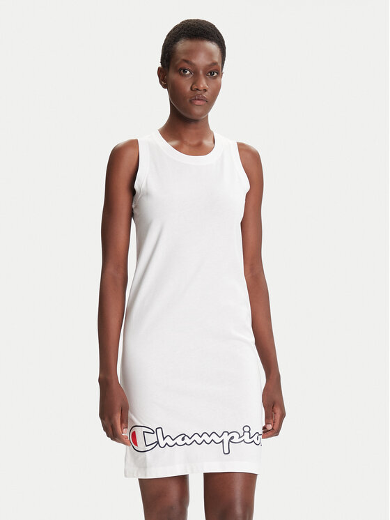 Champion Ежедневна рокля Script Logo Ribbed Trim 112657 Бял Regular Fit цвят на ниска цена