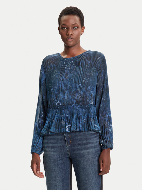 Desigual Блуза Plise 25WWBW09 Тъмносин Regular Fit цвят на ниска цена