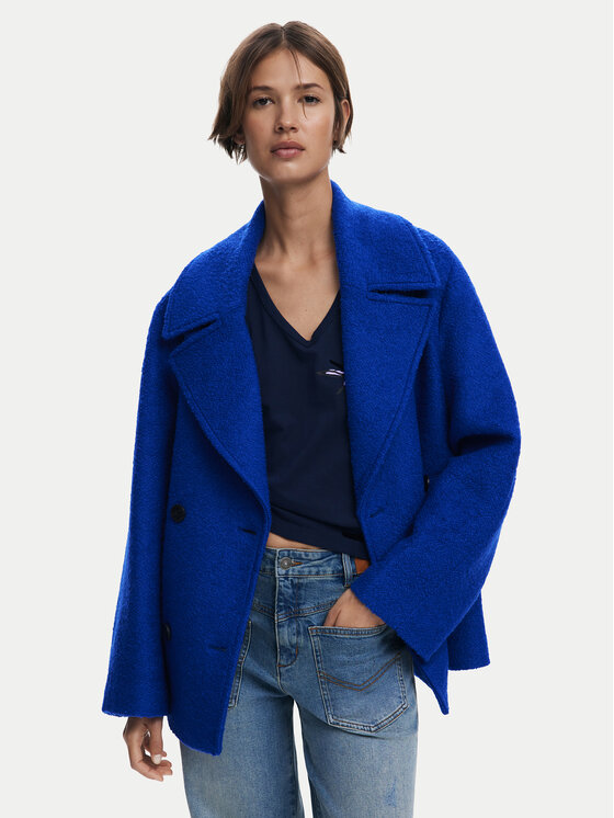 Desigual Вълнено палто Shortcolor 25WWEW11 Син Regular Fit цвят на ниска цена