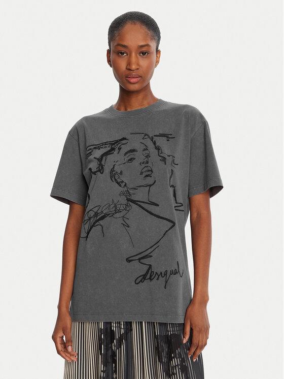 Desigual Тишърт Budapest 25WWTK47 Сив Regular Fit цвят на ниска цена