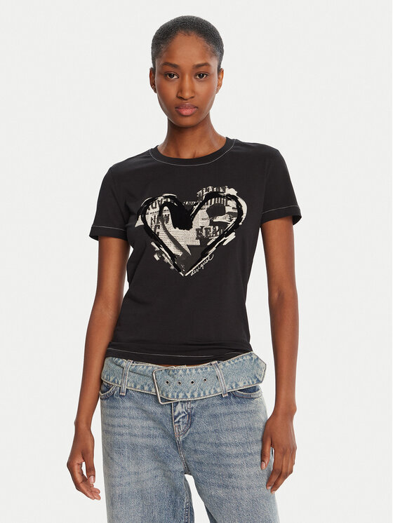Desigual Тишърт Letter Core 25WWTK04 Черен Regular Fit цвят на ниска цена
