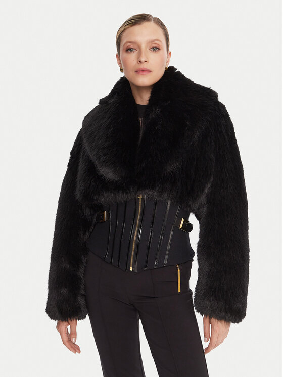 Elisabetta Franchi Кожено палто GB-05A-57E2-V980 Черен Regular Fit цвят на ниска цена