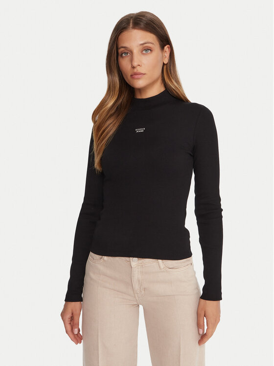 Guess Jeans Поло W5BP23 KA0H1 Черен Slim Fit цвят на ниска цена