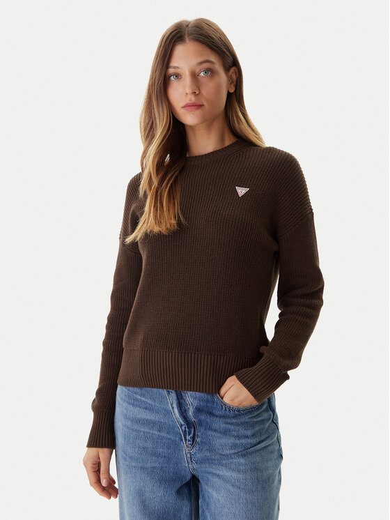 Guess Jeans Пуловер W4BR08 Z3HM1 Кафяв Regular Fit цвят на ниска цена