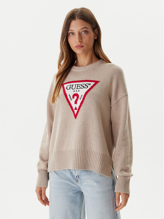 Guess Jeans Пуловер W4BR12 Z3HM1 Бежов Relaxed Fit цвят на ниска цена