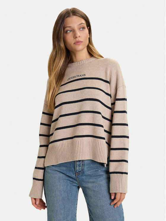 Guess Jeans Пуловер W5BR03 Z3HM1 Бежов Relaxed Fit цвят на ниска цена