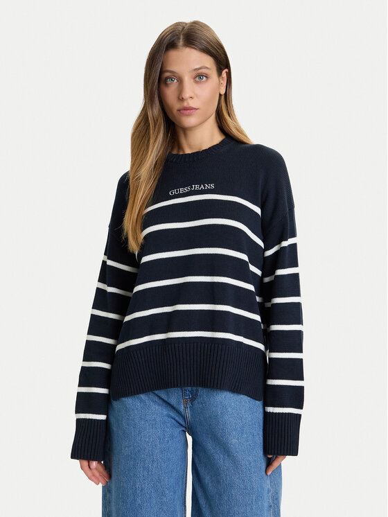 Guess Jeans Пуловер W5BR03 Z3HM1 Тъмносин Relaxed Fit цвят на ниска цена