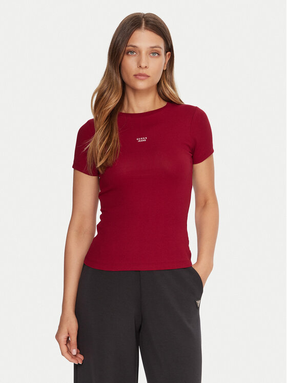 Guess Jeans Тишърт W5BP45 KA0H1 Червен Slim Fit цвят на ниска цена