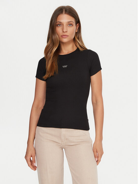 Guess Jeans Тишърт W5BP45 KA0H1 Черен Slim Fit цвят на ниска цена