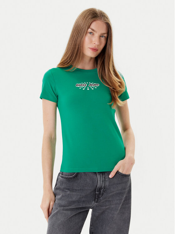 Guess Jeans Тишърт W5YI04 J1314 Зелен Slim Fit цвят на ниска цена